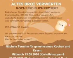 Weiter gehts mit leckeren Rezepten aus altem Brot: am Mittwoch, 13.5. und Mittwoch 3.6. 2026 kochen wir gemeinsam ab 10:00 Uhr im ALI-Café.